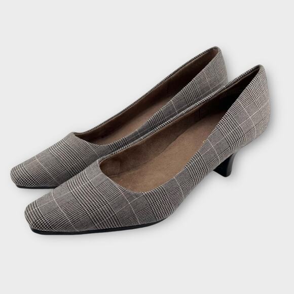 AEROSOLES Glen plaid low heels size 7 black/tan career office work preppy - Picture 1 of 7